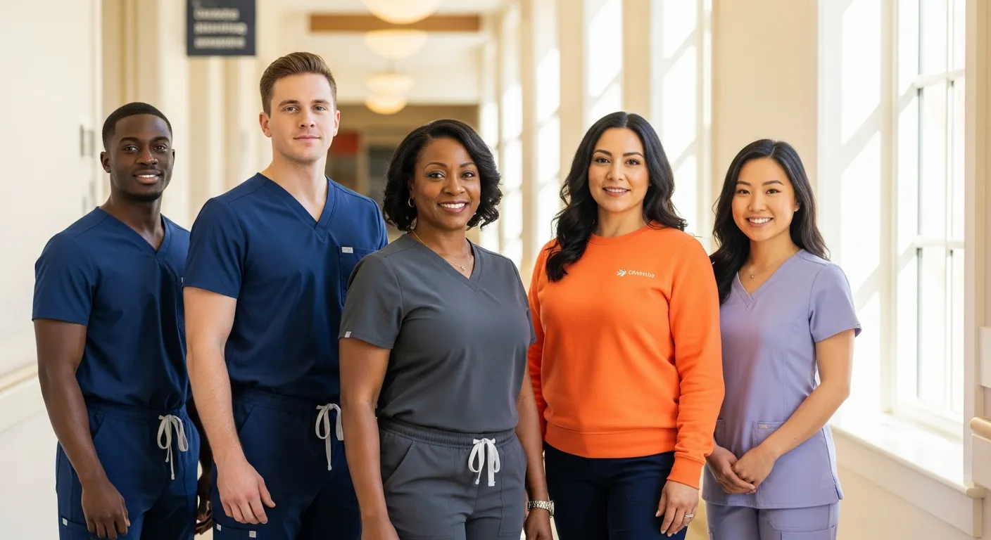 A portrait of the EagleWings Home Care team in a Baltimore office hallway — caregivers in lavender, navy, and charcoal scrubs alongside a concierge coordinator in the brand's signature orange sweater. The team that delivers private-pay home care across Roland Park, Guilford, Homeland, and surrounding neighborhoods.