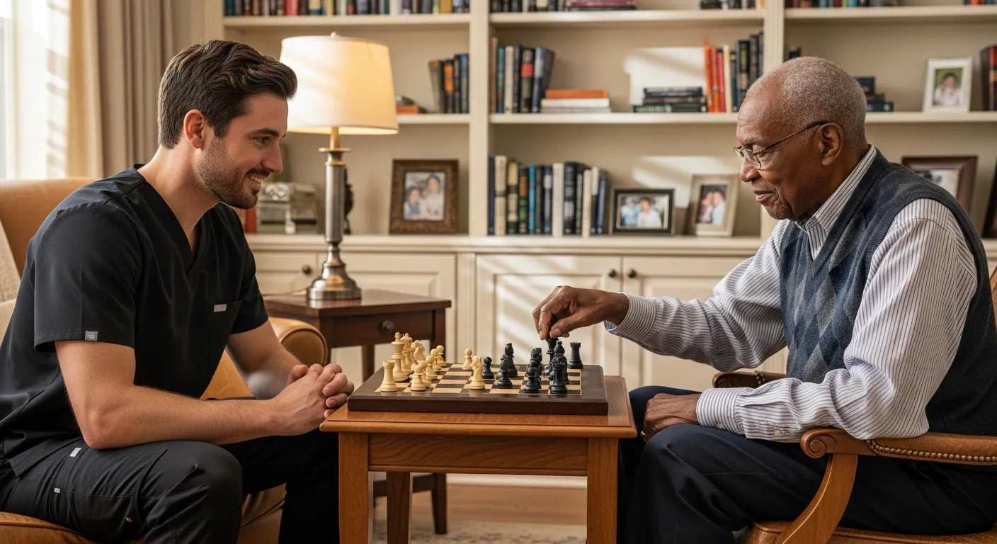 An EagleWings caregiver in black scrubs plays chess with an elderly gentleman in a Guilford home library lined with leather-bound books — the cognitive dimension of EagleWings concierge home care in Baltimore.