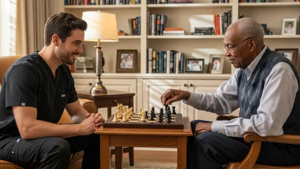 A caregiver and a senior client lean over a chessboard in a warm Baltimore study during an afternoon cognitive session.