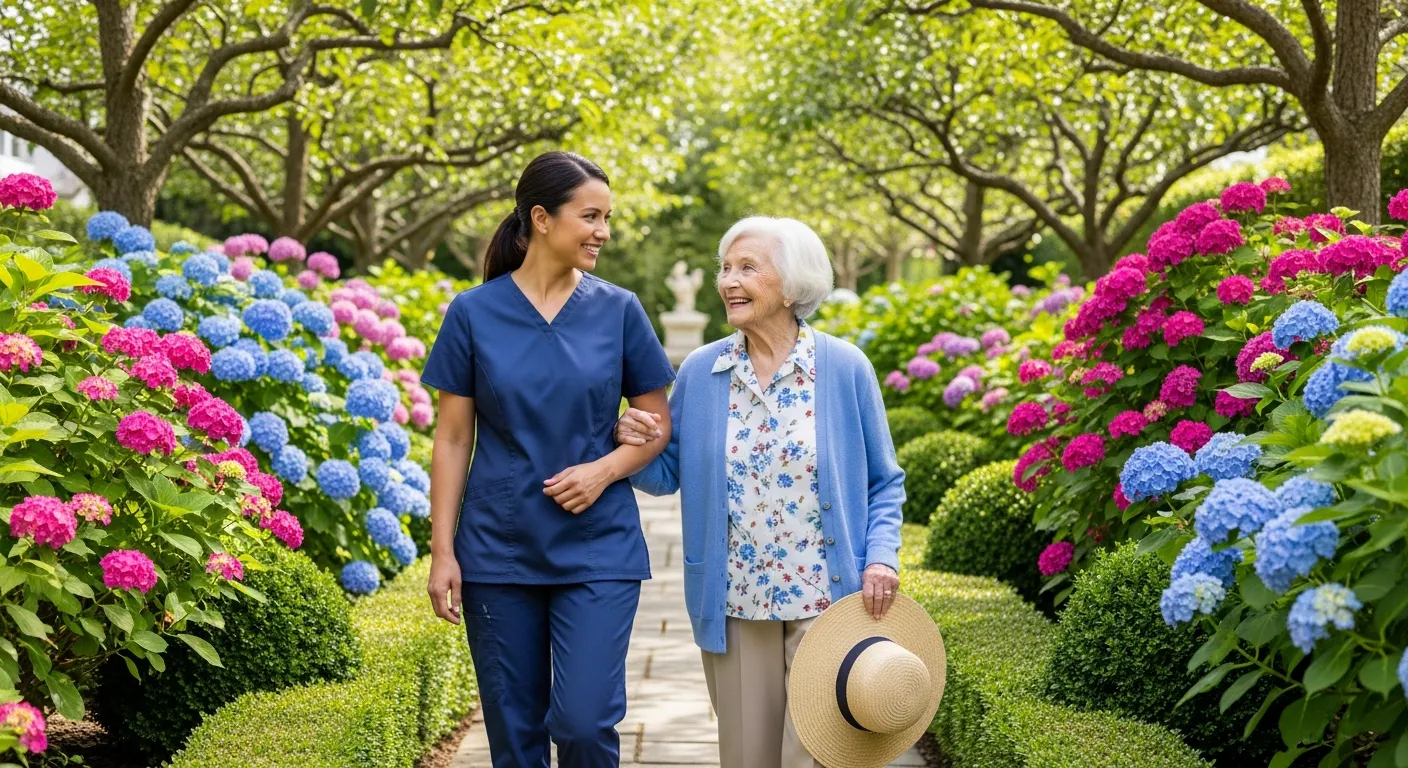 An EagleWings caregiver in navy scrubs strolls arm-in-arm with a senior client through a Baltimore garden path lined with vibrant blue and pink hydrangeas on a bright summer afternoon.