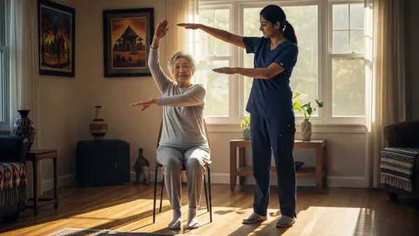 A caregiver in navy scrubs guides a seated senior through gentle chair yoga arm movements in a sunlit living room.