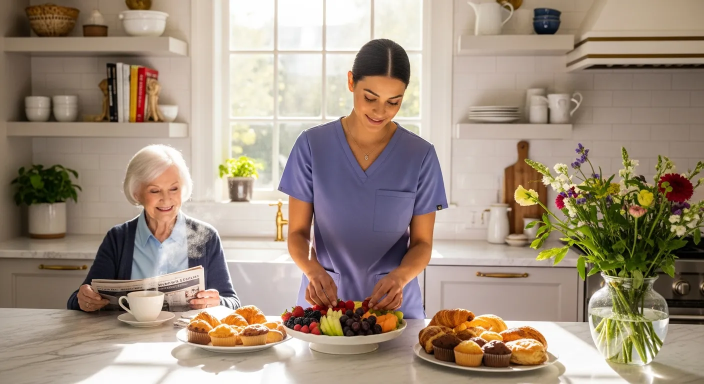 An EagleWings live-in caregiver in lavender scrubs prepares fresh fruit and morning pastries in a bright marble kitchen while a senior client reads the newspaper at the counter — the quiet, daily rhythm of in-home concierge care in a Roland Park home.