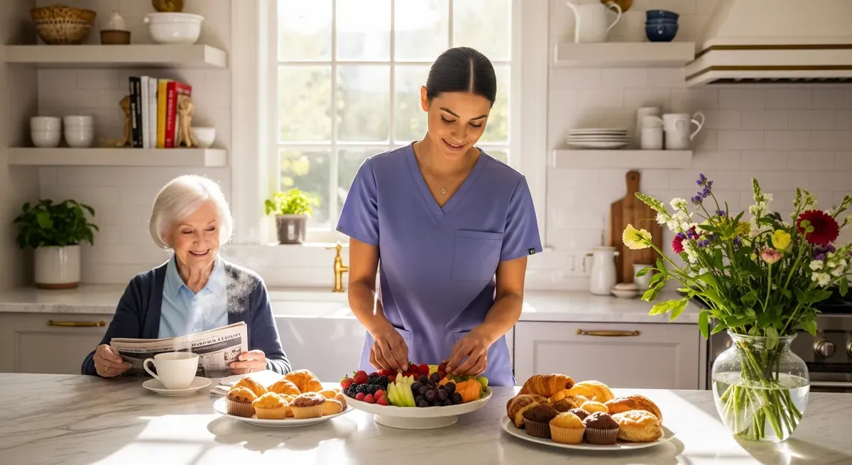 An EagleWings live-in caregiver in lavender scrubs prepares fresh fruit and morning pastries in a bright marble kitchen while a senior client reads the newspaper at the counter — the quiet, daily rhythm of in-home concierge care in a Roland Park home.