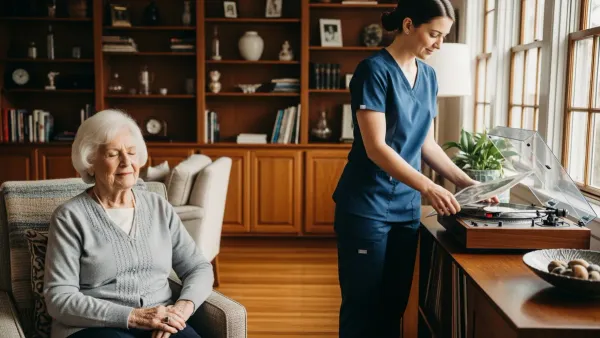 A caregiver in navy scrubs sets a vinyl record on a turntable while a senior listens with closed eyes from a wing chair.