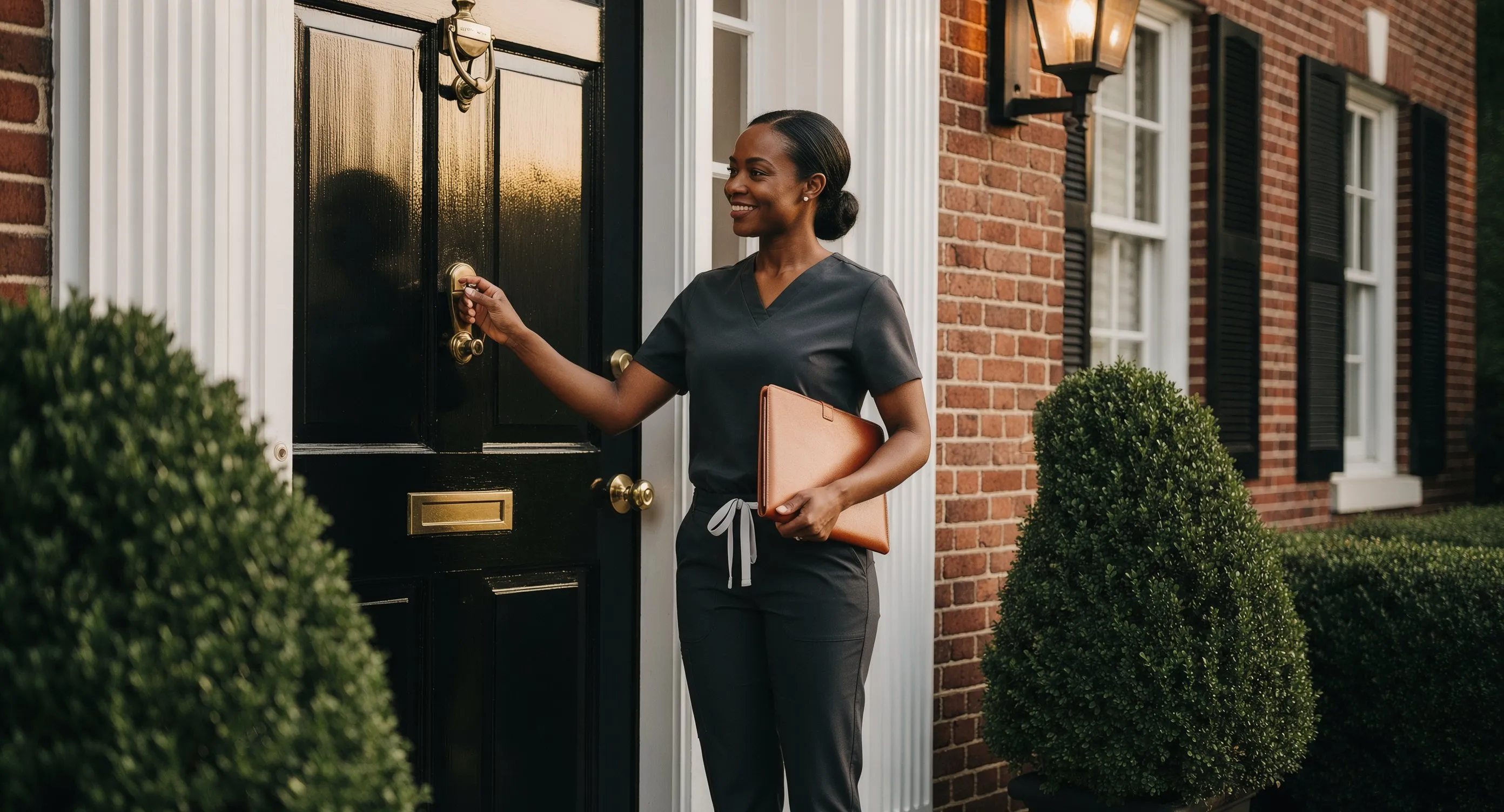 An EagleWings registered nurse in lavender scrubs arriving at the front door of a Baltimore home for an in-home consultation — the first physical step in scheduling private-pay home care in Roland Park, Guilford, and Homeland.