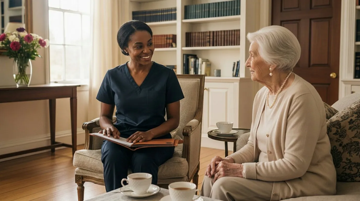 An EagleWings registered nurse seated with a senior client during an in-home consultation in a sunlit Roland Park living room — the first step in EagleWings concierge private-pay home care for Baltimore families.