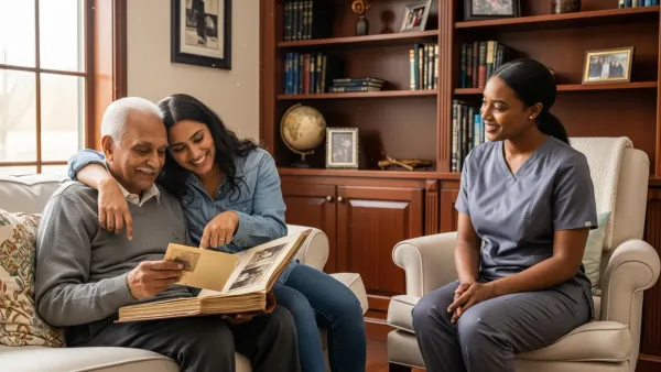A senior client shares a family photo album with his adult daughter while an EagleWings caregiver looks on warmly.