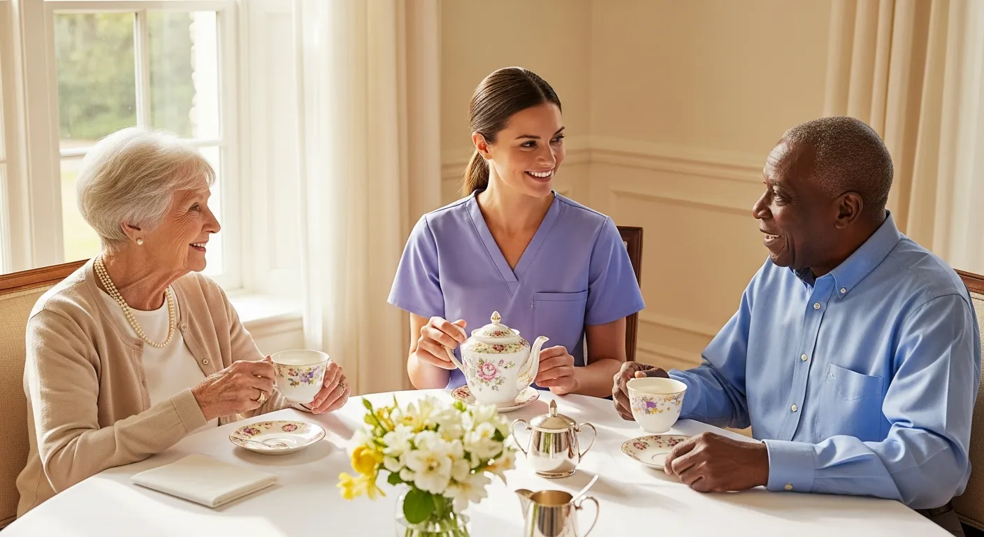 An EagleWings caregiver in lavender scrubs pours tea from a floral teapot for two seniors during a formal afternoon tea service in a sunlit Roland Park dining room, with fresh white-and-yellow flowers on the table.